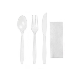 Set catering complet (furculita+lingura+cutit+servetel),transparente, 100 buc/set,