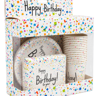Set petrecere Happy Birthday cu farfurii, pahare și șervețele, 60 bucăți