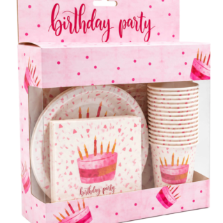 Set petrecere roz Birthday Party cu farfurii, pahare și șervețele, 60 bucăți